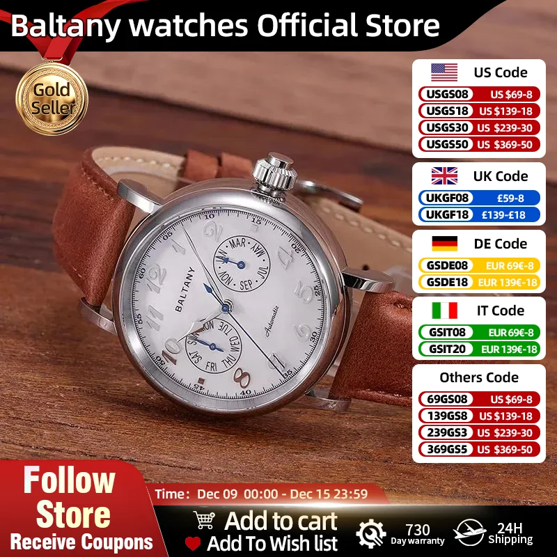 Baltany Mono-pusher Function Watch 9122 Auto S6048 Week Month Hardening Process MOP Dial Leather Retro Dress Wristwatch