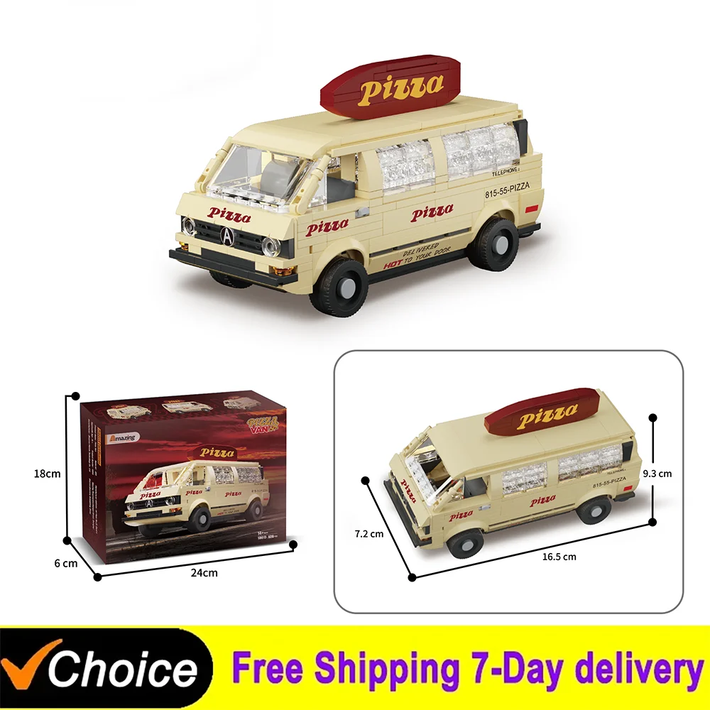 

MOC Creative Pizza Van Car Building Blocks Model Sets Fast food Delivery Truck Car Model Bricks Desktop Ornament DIY Toy Gifts