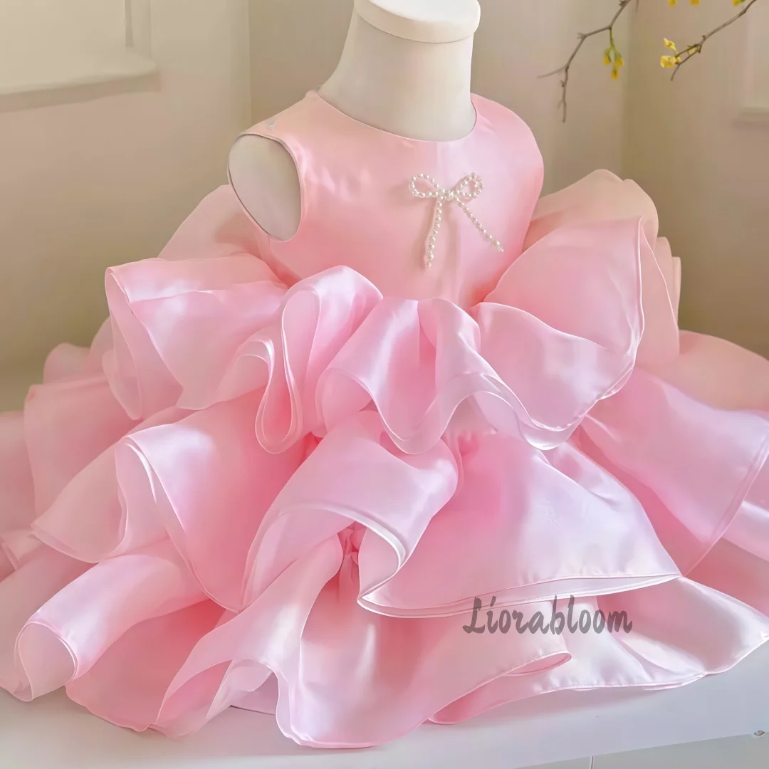 

Girls' Pink Wavy-Patterned Formal Dress Layered Voluminous Flower Girl Gown Mini Party Dress Short Wedding Attire