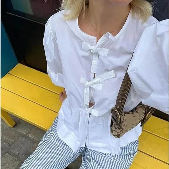 2026 New Women's Elegant Kawaii Summer Peplum Blouse Tops Short Puff Sleeve Round NeckBow Tie-Up Front Babydoll Flare Shirts