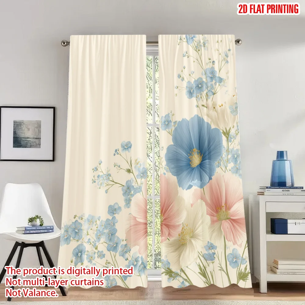 

2pcs 2D flat printing Merry Christmas Curtains Cosmos Flowers Watercolor Digital Printed Polyester Drapes Festive Curtains for