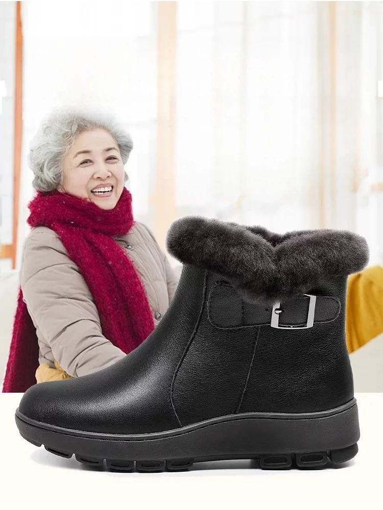 Women Winter Warm Ankle Boots Genuine Leather Upper Side Zipper Wool Lined Non Slip Flat Sole Mom Walking Snow Boots