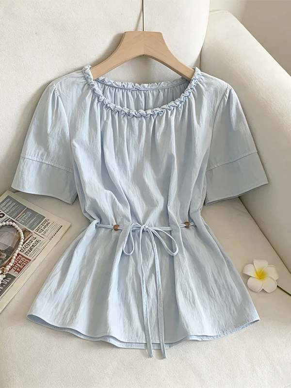 

Chic Beaded Waist-Cinching Short Sleeve Shirt for Women Summer 2026 Korean Style Breathable Skin-Friendly Casual Top