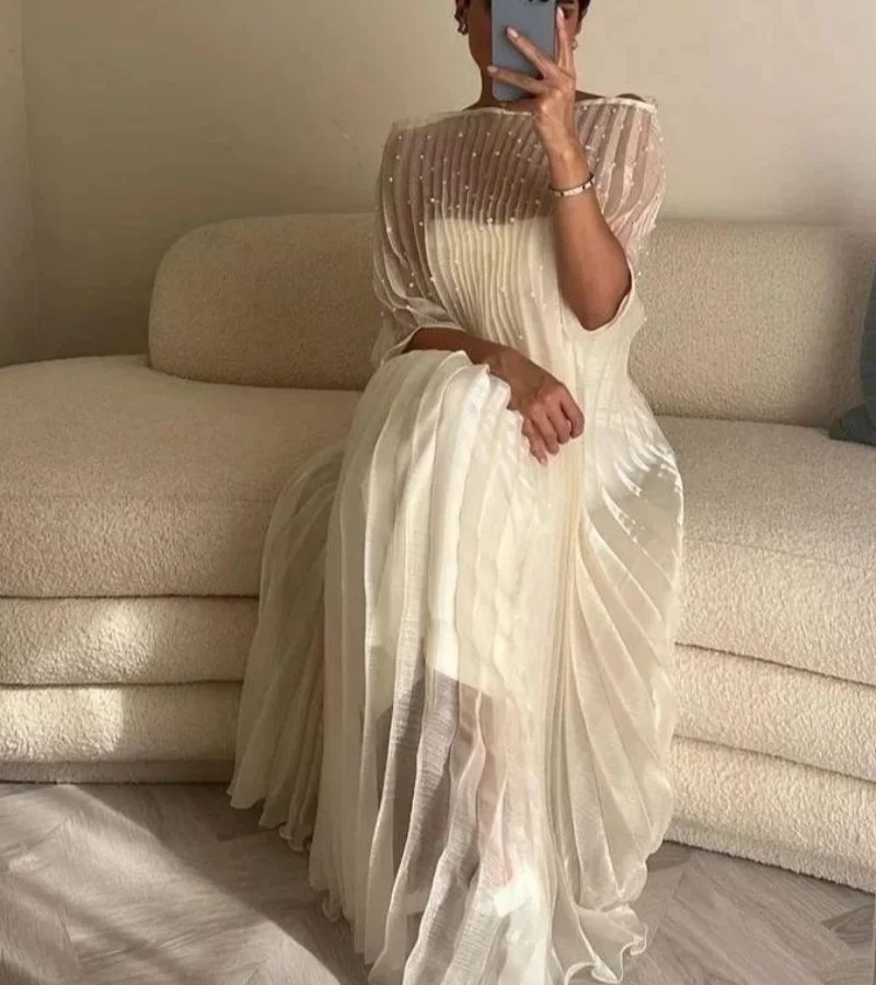 Gorgeous Beads 2-Piece Prom Dresses 2023 Organza Pleat Loose Arabia Women Evening Dresses Formal Party Gown Sale Promotion