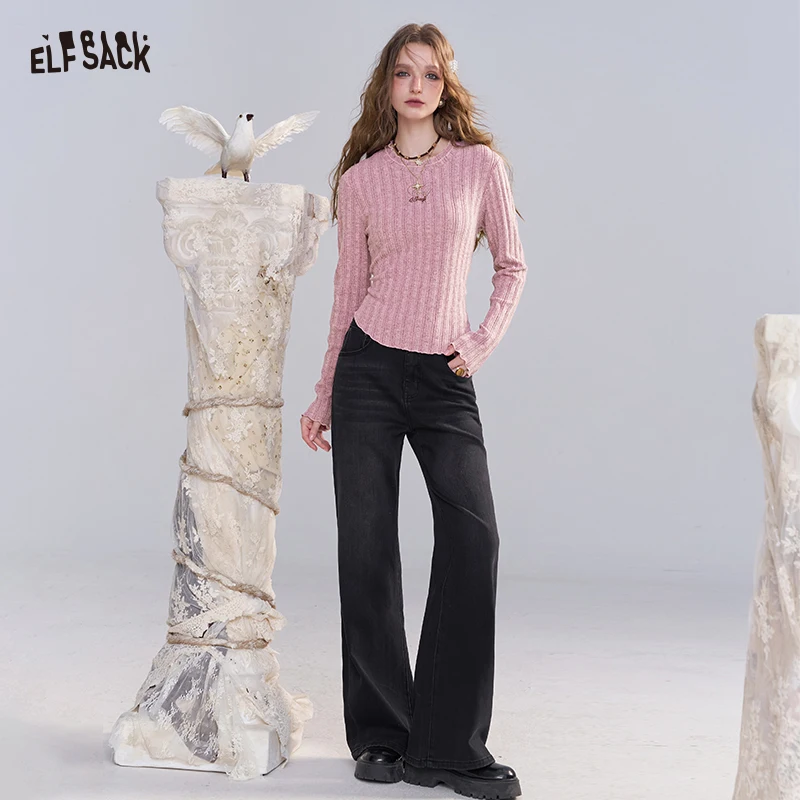 ELFSACK Sweet Knitted Long Sleeve T Shirt with Embroidery and Ruffle Trim, Solid Versatile Slim Fit Knit Top for Women