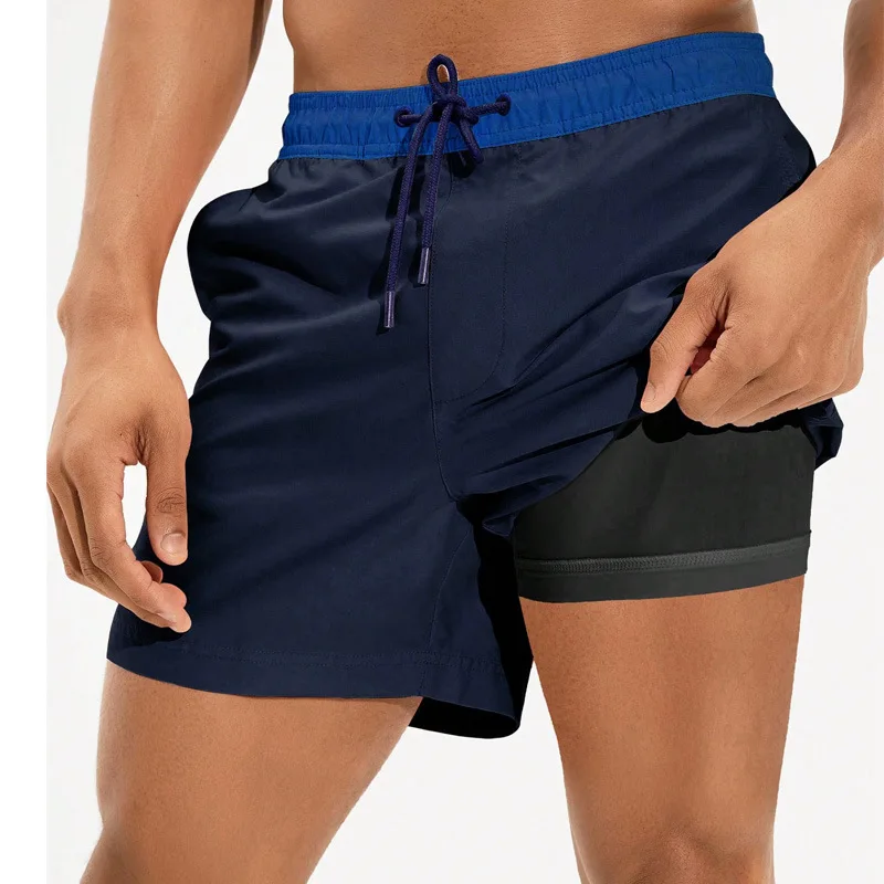 swimming trunks beach pants two-in-one men's loose quick-drying flat-angle swimsuit fitness plain professional shorts GMA346