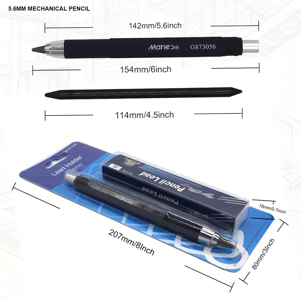 5.6mm Mechanical Press Pencil Automatic Clutch Lead Holder, Artist Carpenter Drawing Pencil Comes with 6 Pieces of 8B Refills, S