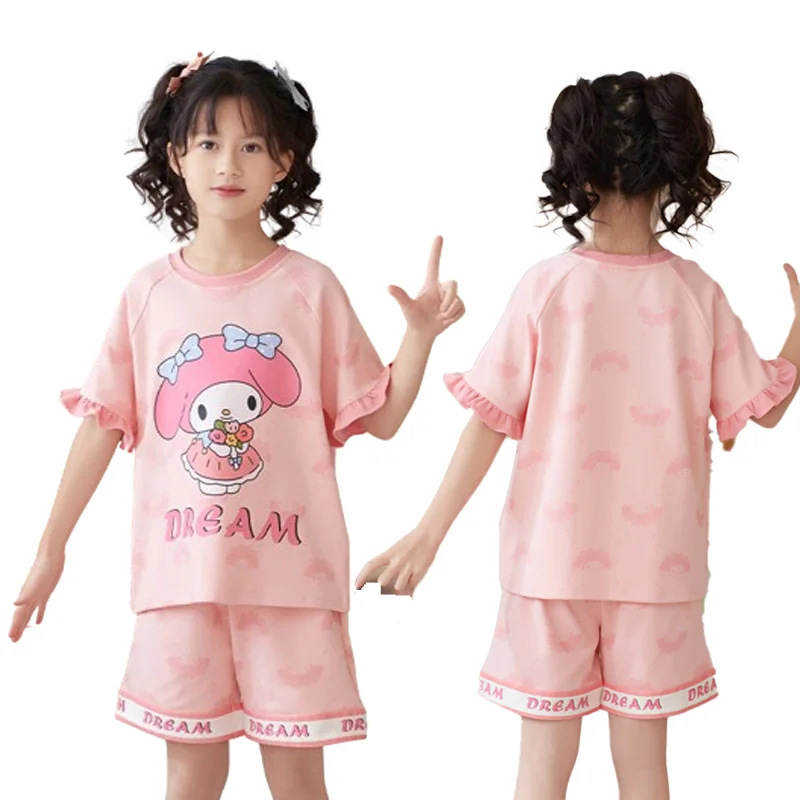 

New Sanrios My Melody Children's Home Clothes Pure Cotton Short-Sleeved Cartoon Summer Anime Girl Kawaii Two-Piece Set Cute Thin