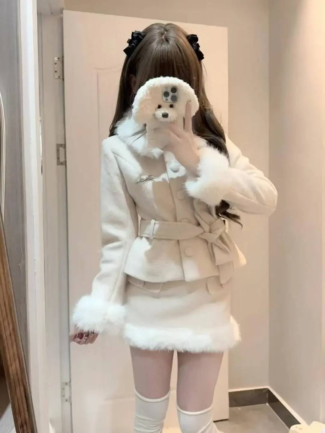 Korean Elegant Princess 2 Piece Set Women Faux Fur Collar Bow Belt Slim Fit Wool Coat High Waist Bodycon Mini Skirt Winter Warm view 4