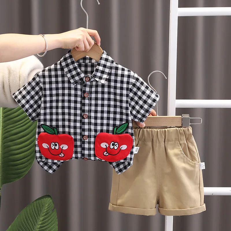 Kids Baby Boy 2 Piece Set 2024 Summer Plaid Apple Pocket Flip Collar Short Sleeve T-shirts and Shorts Infant Boys Clothes Outfit