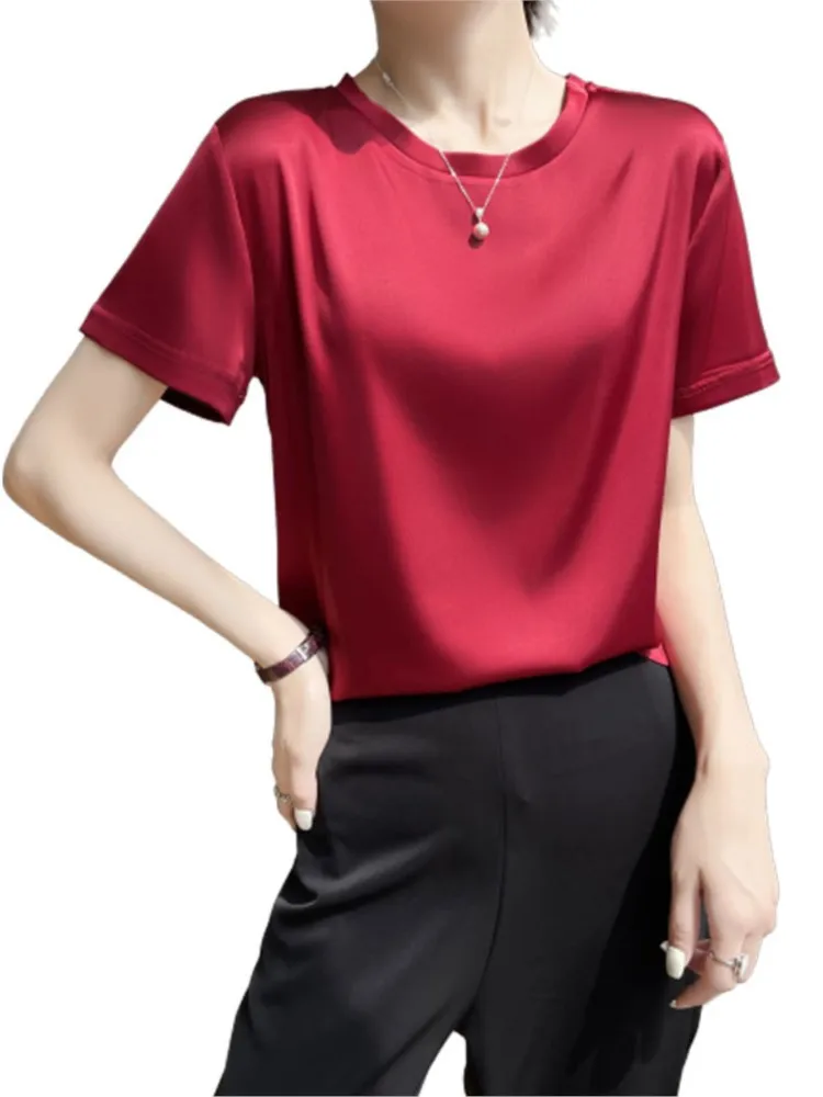 Merk Hoge Kwaliteit Vrouwen O-hals Shirt S-7XL Zomer Franse Elegante Luxe Momi Zijde Crêpe Satijn Zacht Glad Blouses Business Top