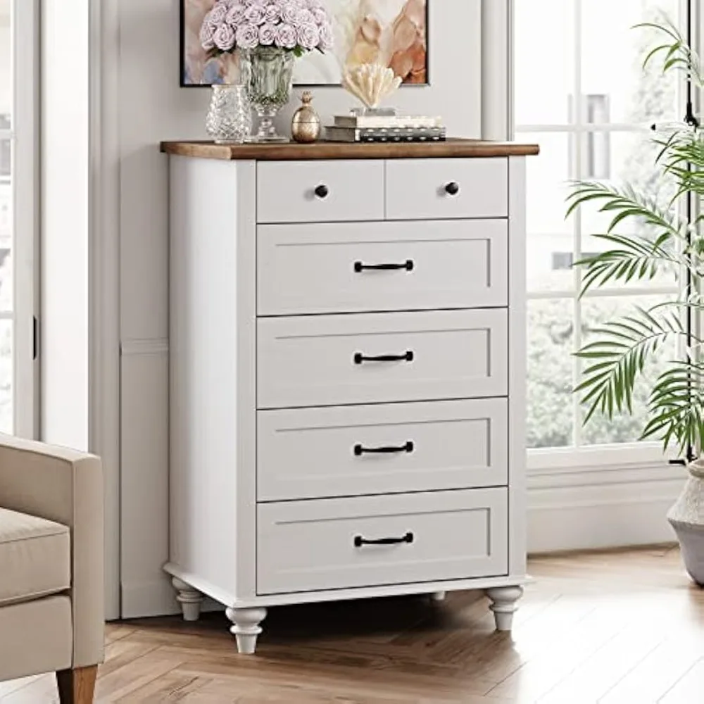 White 5 Drawer Dresser Chests for Bedroom, Mid Century Dresser Storage Organizer with Metal Handles & Solid Wood Legs, Fa