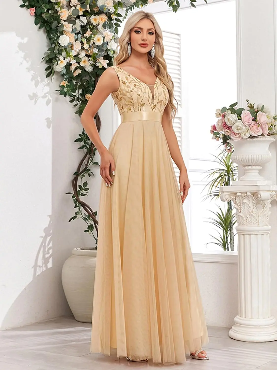 

Tulle V Neck Sleeveless Embroidery Sparkly Sequin Women's Formal Dresses Long Evening Gowns Cocktail Party Wedding Guest Dress