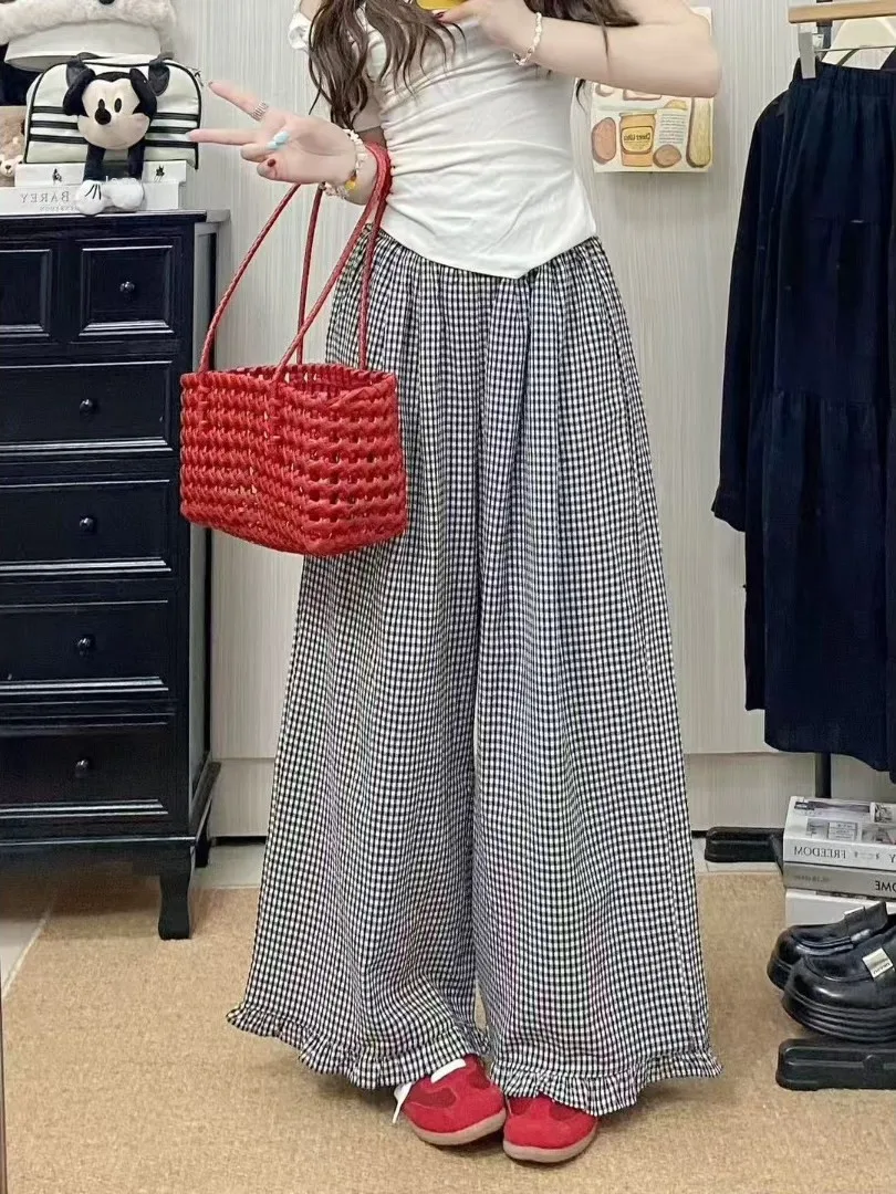 Pantalones de pierna ancha adelgazantes Algodón Lino Encaje a cuadros Madera ain Ear Primavera Verano Casual Pantalones largos de cintura alta Faionable Mujer...