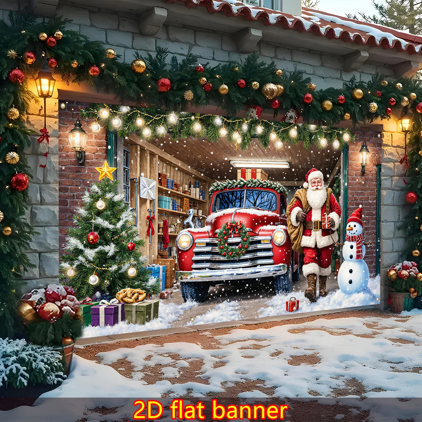 قطعة واحدة من لافتة عيد الميلاد لشاحنة كلاسيكية حمراء عملاقة، سانتا كلوز ورجل الثلج - ديكور باب خارجي/مرآب ثقيل، حفلة عيد الميلاد #4