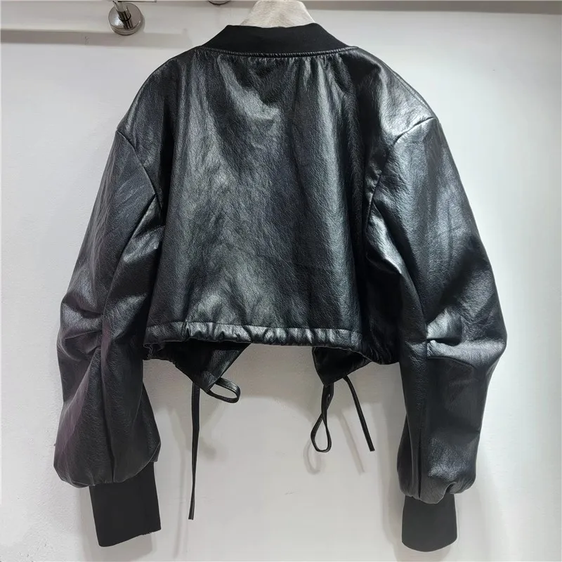 여성용 2025 가을 신상 패션 라인스톤 장식 코트 여성용 솔리드 컬러 인조 가죽 재킷 루즈 롱 슬리브 재킷