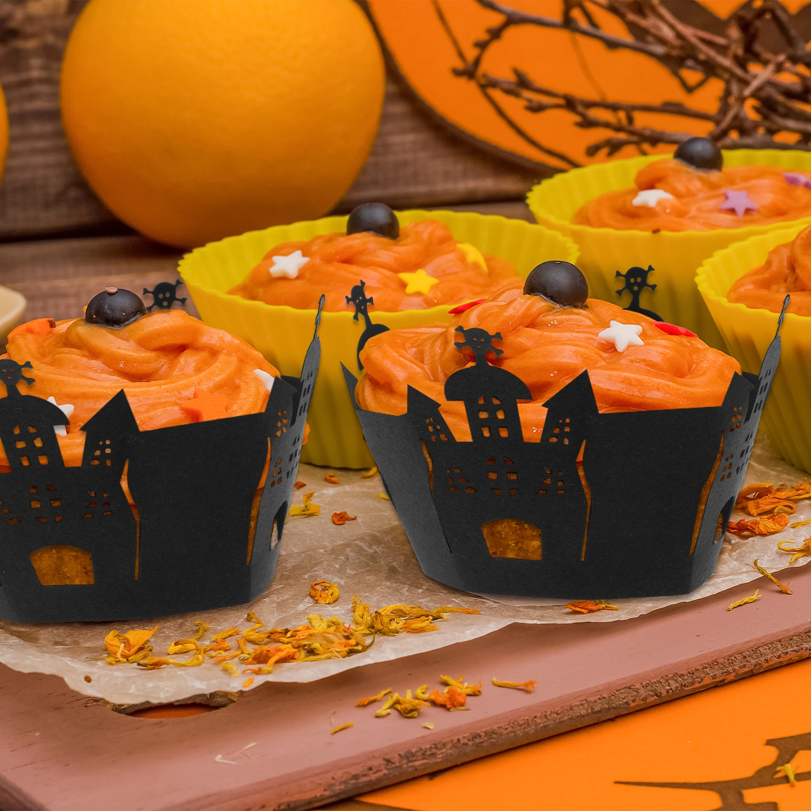 

36pcs Cupcake Wrappers Paper Cake Supplies Halloween Black Hollow-Out Design Muffin Wrapping Cake Cups Party Decor Baking Pans