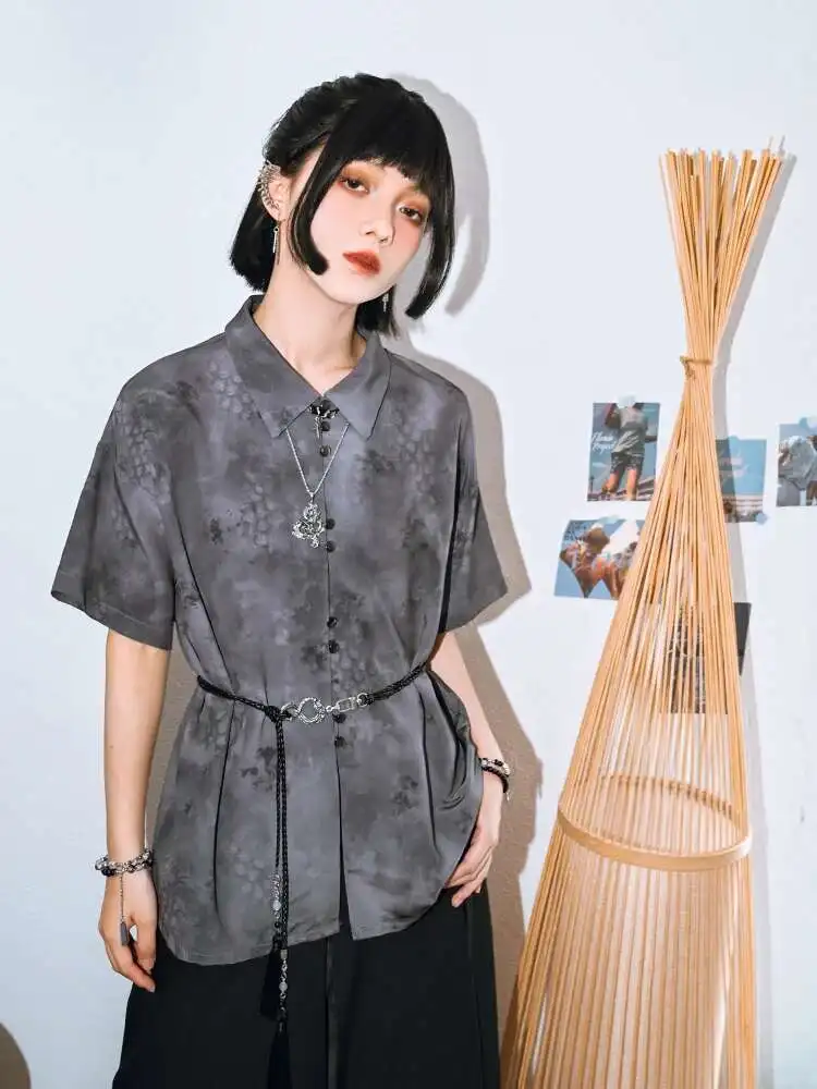 

New Chinese Style National Style Han Elements Grey T-shirt Shirt Summer Leisure Loose And Comfortable Lapel Shirt