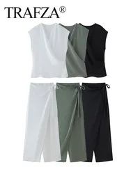 TRAFZA Female Summer Pants Suits Solid V-Neck Sleeveless Asymmetrical Tank Top+Elastic Waist Side Bow Lace-Up Baggy Pant Mujer