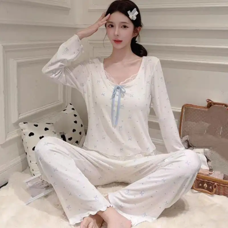 Autumn New Fashion Women's Lace Bow Pajamas Sweet and Cute Girl Long Sleeve Long Pants Home Clothes Student Set Comfortable