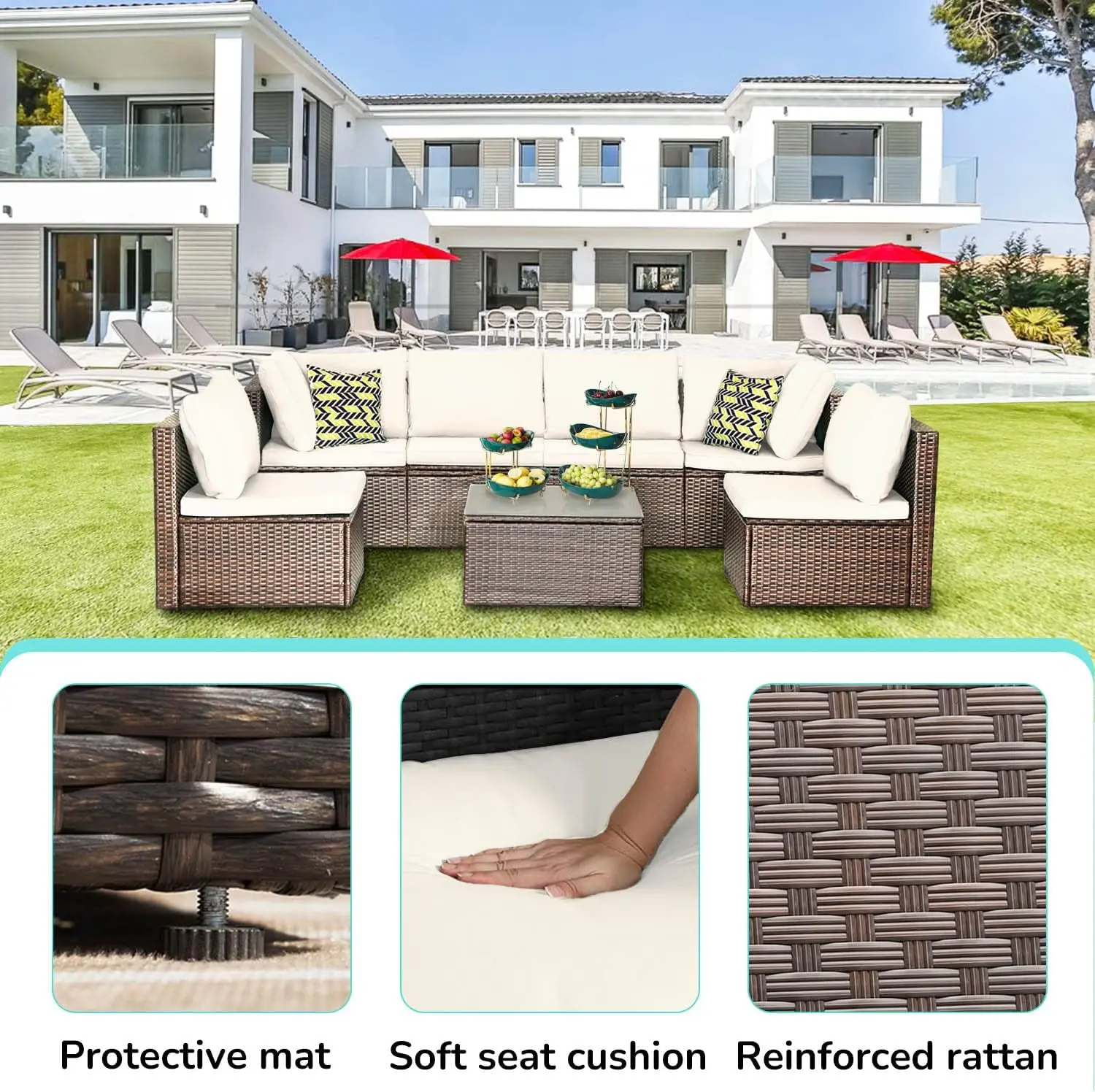 Terrasmeubelset 7 Stuks Rieten Conversatieset Sectionele Bank En Salontafel Rieten Conversatiesets