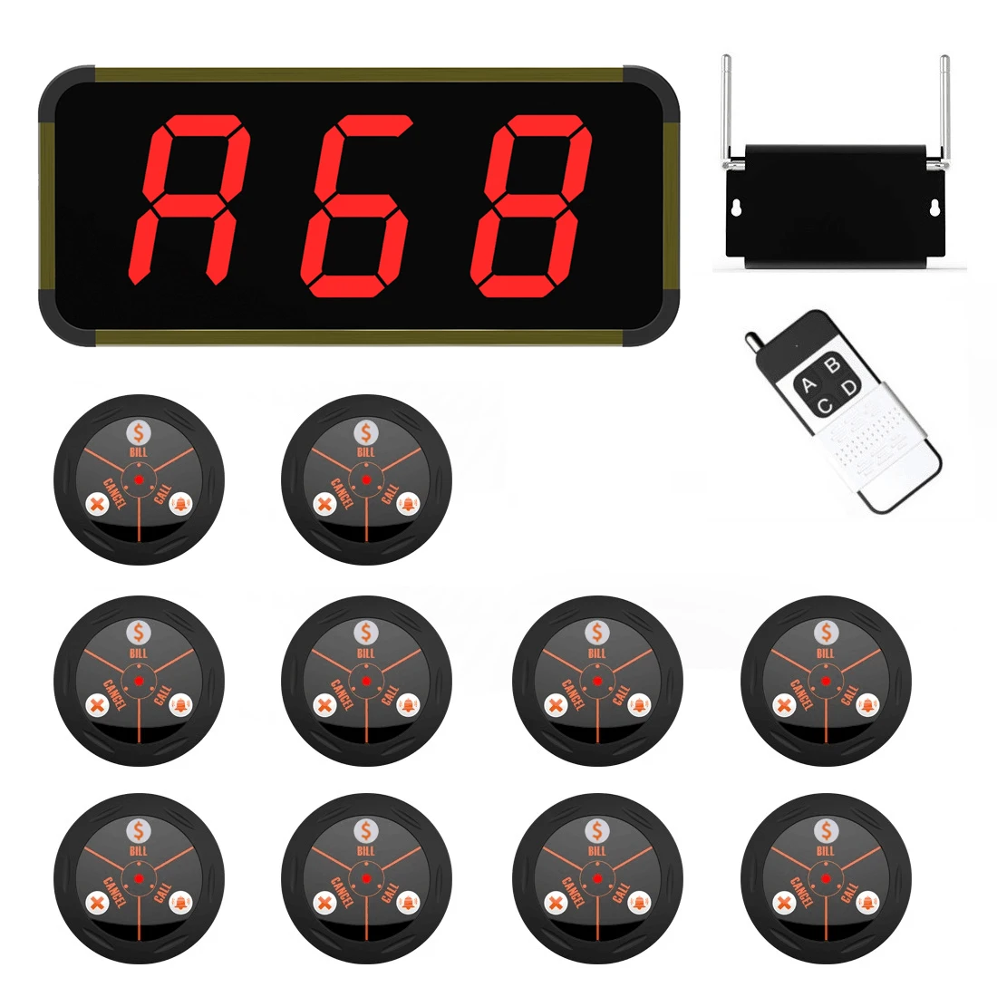 Wireless Paging Calling System Restaurant Guest Service Order Call Button 3-key Call/Bill/Cancel 10 Call Buttons Digital Display