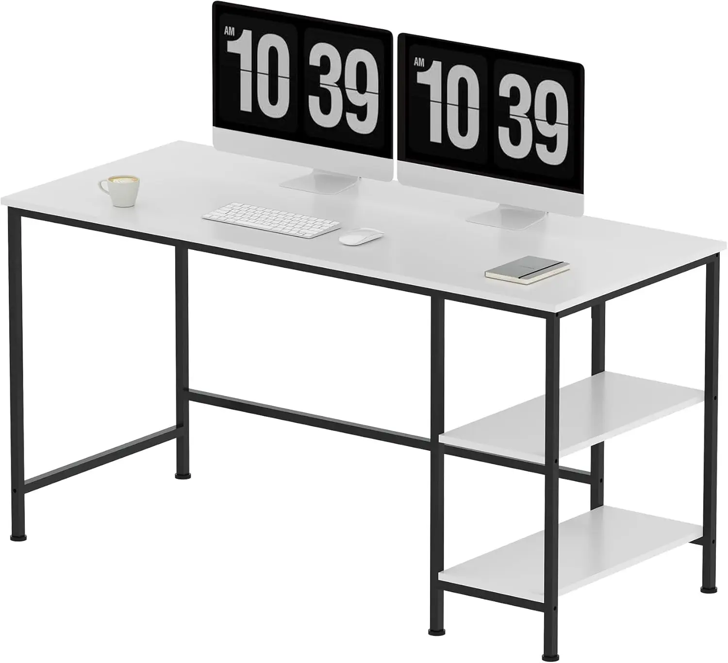 Modern White 55-Inch Computer Desk with 2-Tier Shelf, Home Office Workstation, Wood Table and Metal Frame for Home Office