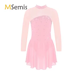 Kids Girls Shiny  Figure Ice Skating Roller Skating Dress Sheer Mesh Long Sleeves Keyhole Open Back Ballet Dance Leotard Dress