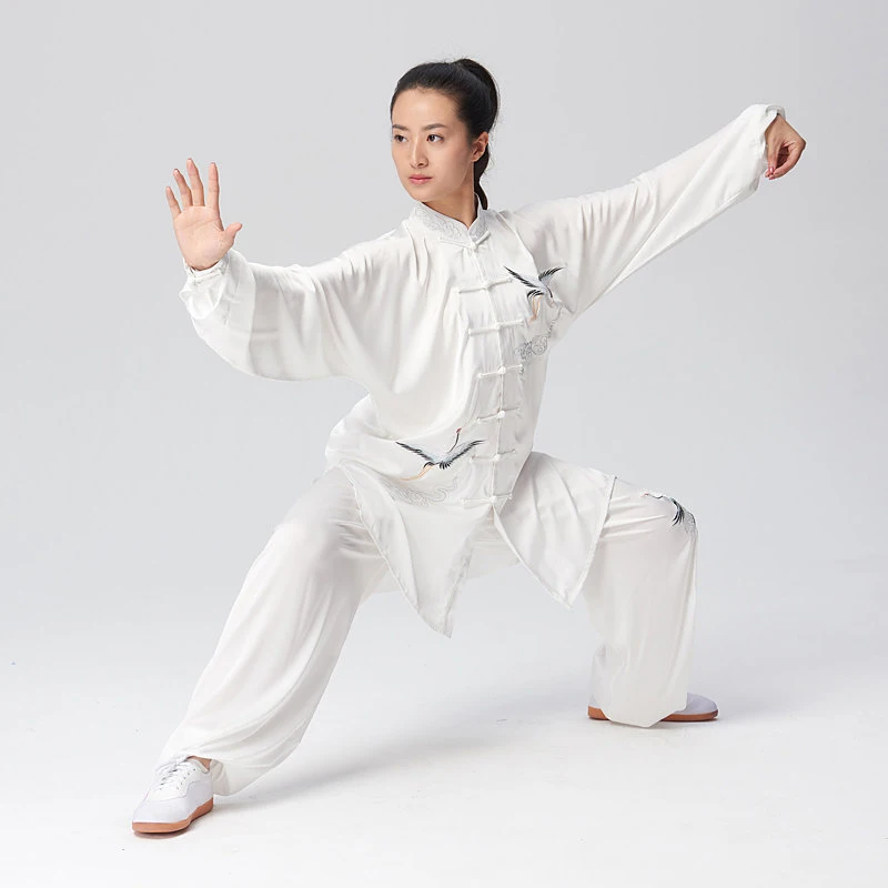 Women's Unisex Tai Chi Suit White Crane Embroidery Performance & Competition Martial Arts Training Wear