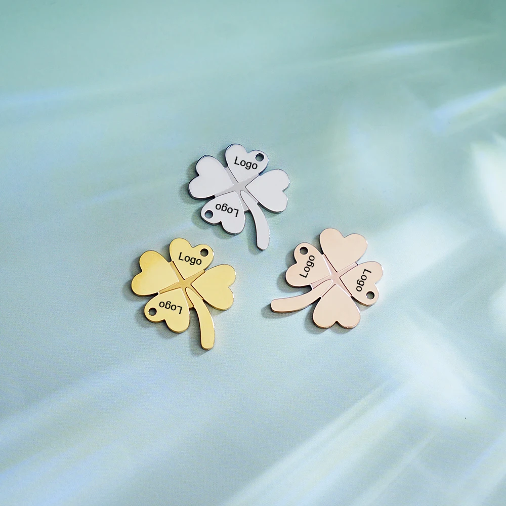 10pcs/Lot Stainless Steel Personalized Four Leaf Clover Connector Engraved Names Pendant  DIY Jewelry Tags Love Clover Necklace