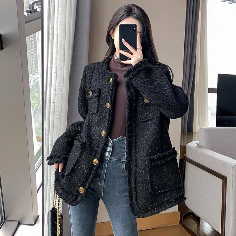 Lucyever Temperament Tweed Black Jacket Women Elegant Thicken Single Breasted Outerwear Ladies Korean with Pocket Office Coat