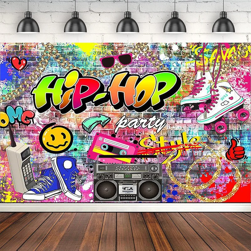 Photography Backdrop Hip Pop Graffiti Retro Brick Wall Radio Background Splatter Gold Chain 80 90 Party Banner Decoration Poster