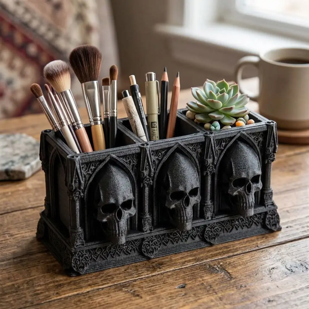 3D Printed Halloween Skull Pen Holder 3-Slot Spooky Skeleton Flower Planter Pot Raised Relief Plastic Small Skull Storage Rack