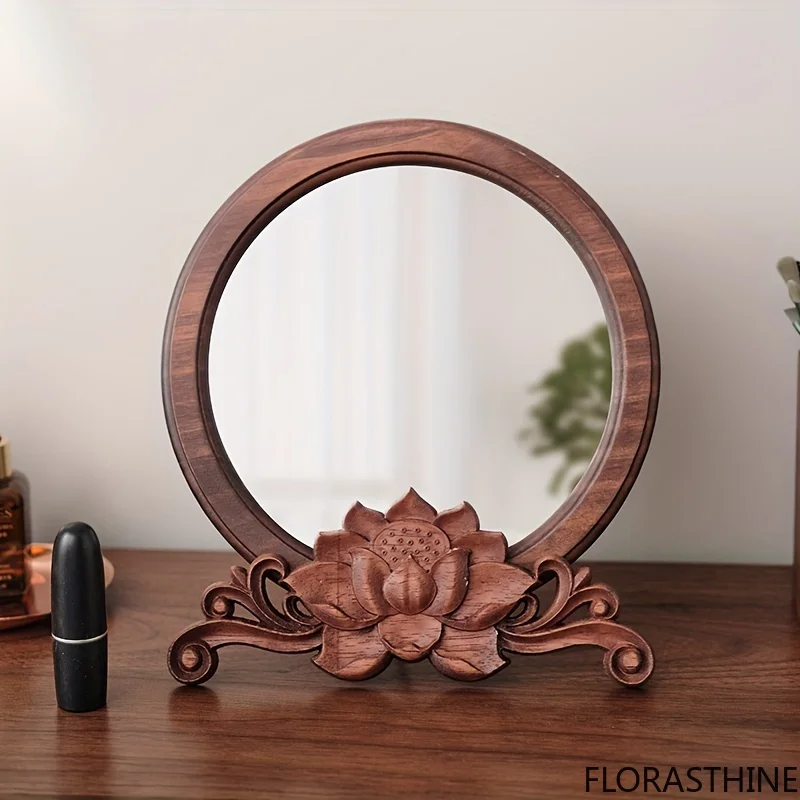 Handcrafted Polished Wooden Circular Makeup Mirror with Floral Base, Portable Unscented, for Bedroom, Bathroom, and Vanity