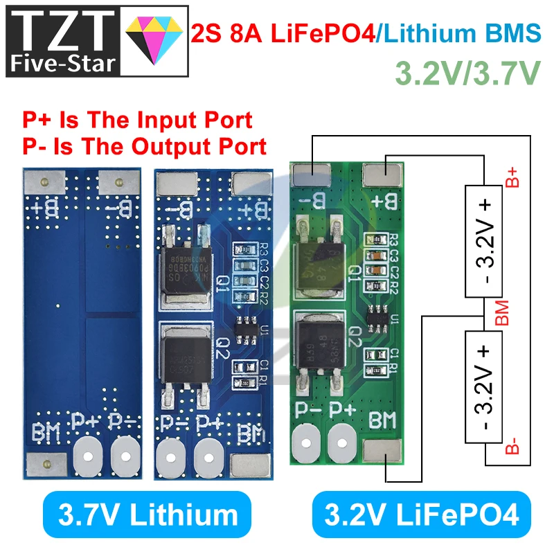 TZT BMS 2S 3.2V 3.7V 8A LiFePO4 / Lithium Battery Charge Protection Board 15A Peak Current  6.4V 7.2V 18650 32650 Battery Packs