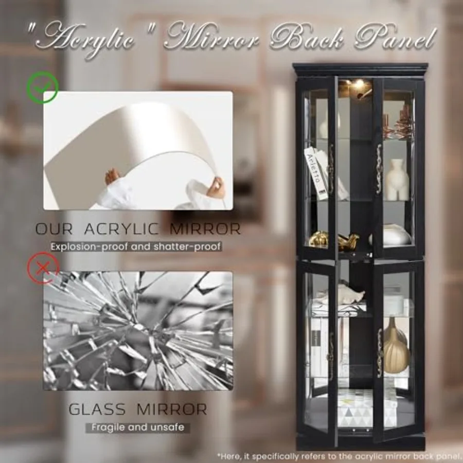 Lighted curio cabinet for living room: vintage wood finish, adjustable shelves, 4 tempered glass doors, bulb included, ideal fo view 4