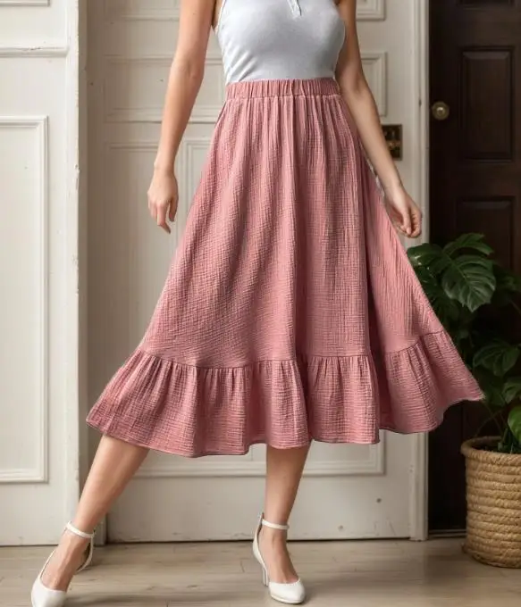 

Women's Summer High-End Pink High Waist Layered Pleated Long Skirt A-Line Fashionable and Elegant Half Skirt for Women