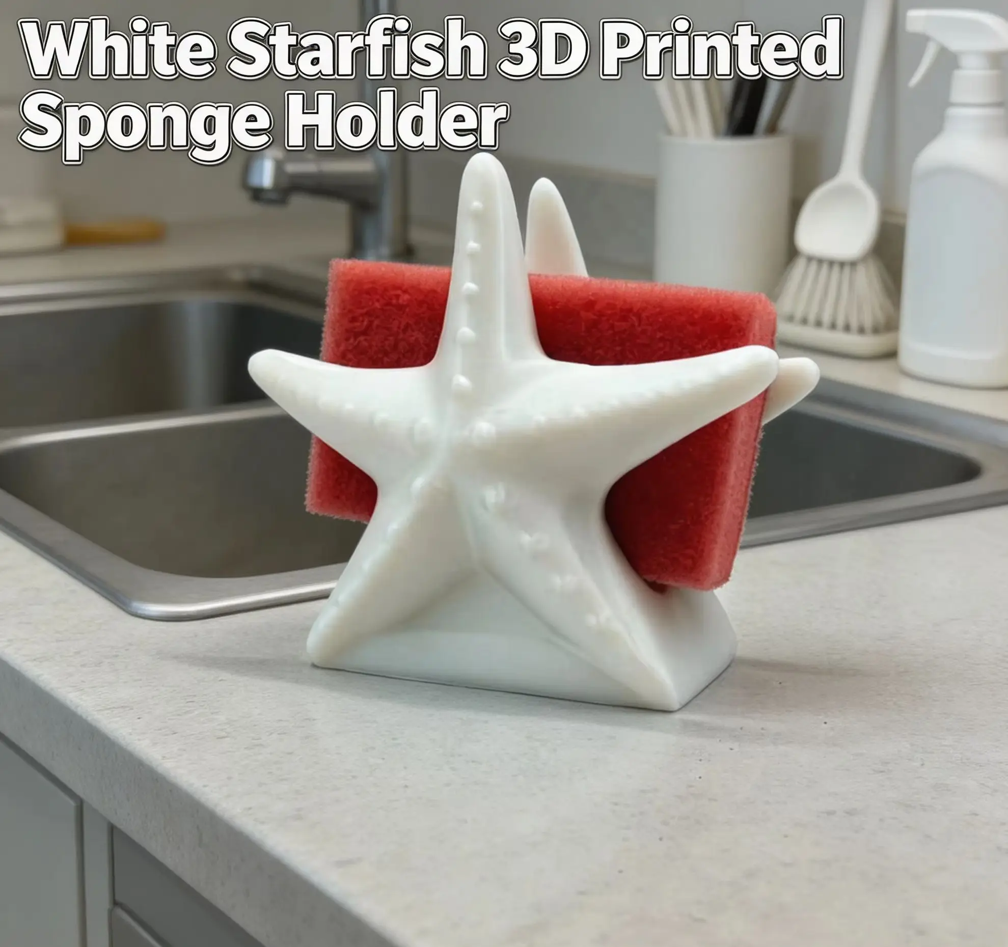 Starfish Shaped Sponge Drain Rack with Hollow out Drain Slot Design 3D Printed Desktop Cleaning Table Rubbing Storage Set