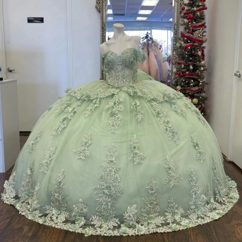 

Glitter Sage Green Quinceanera Dress Ball Gown Off The Shoulder 3DFloral Applique Beaded Tull Corset Sweet 16 Vestido De 15 Anos