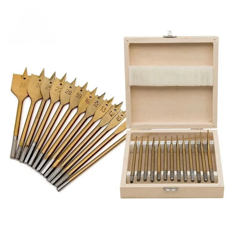 

ABMI-13Pcs Titanium Plated Flattened Drill Bit Set Hex Shank Woodworking Hole Opener 6-35Mm Easy Install,