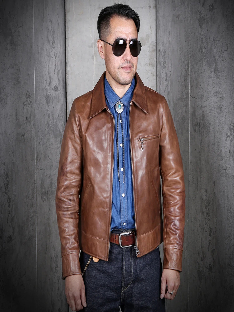 YR!Free shipping.Brand new Natural leather coat.men Luxury horsehide jacket.classic rider short slim clothes