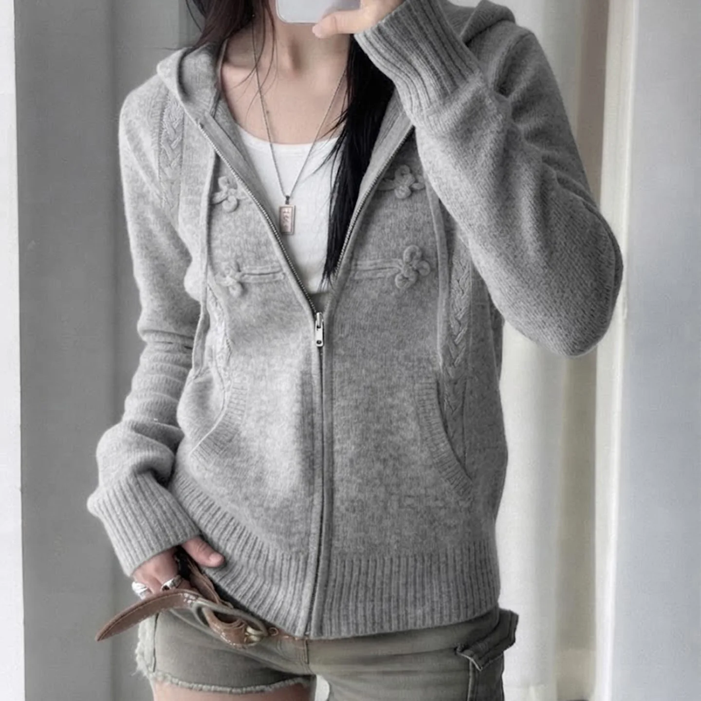 Lazy Breasted Hooded Zipper Knitted Jacket Basic Versatile Casual Fashion Design Sweater Cardigan