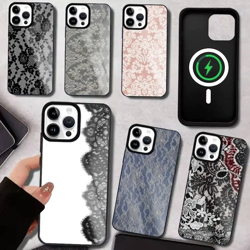

Lace Print Pattern Phone Case For iPhone17,16,15,14,13,12,11 Plus,Pro Max Magnetic For Magsafe Wireless Charging