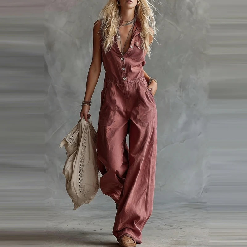 Summer New High Waist Wide Leg Romper Elegant Lady Sleeveless Loose Hollow Commute Playsuits Casual V-neck Pure Halter Jumpsuits