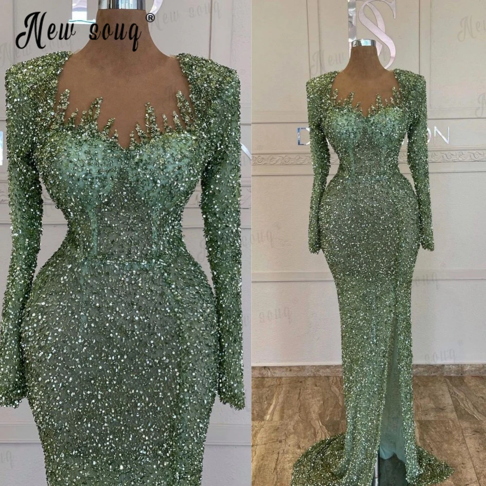 Couture Green Long Sleeve Mermaid Evening Dress Shoulder Pad Full Beaded Formal Prom Party Gowns Muslim Plus Size  Robe Soirée