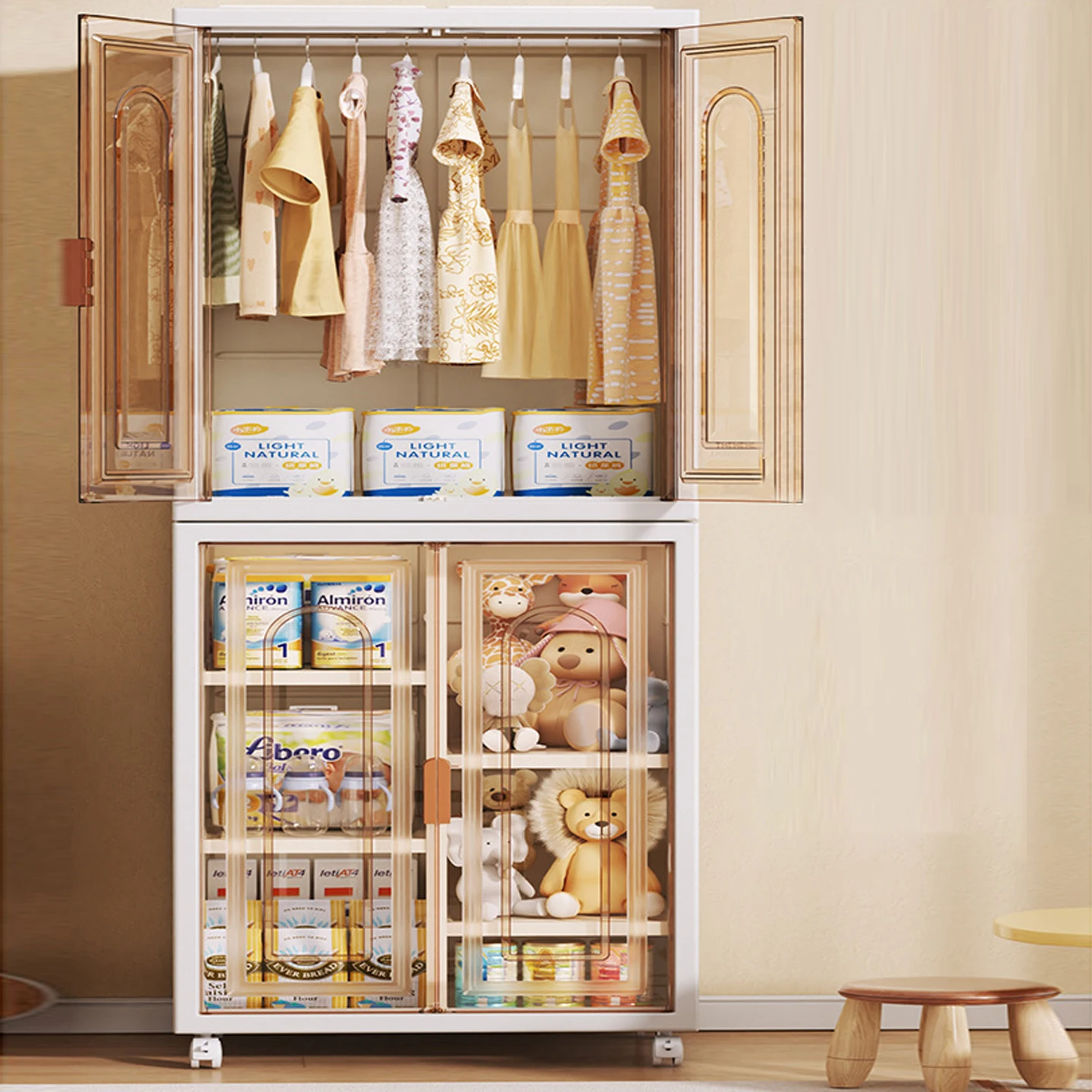 Modern Plastic Foldable Wardrobe With Clear Door Portable Closet Storage Organizer Hanging Rod Included Bathroom & Bedroom Use