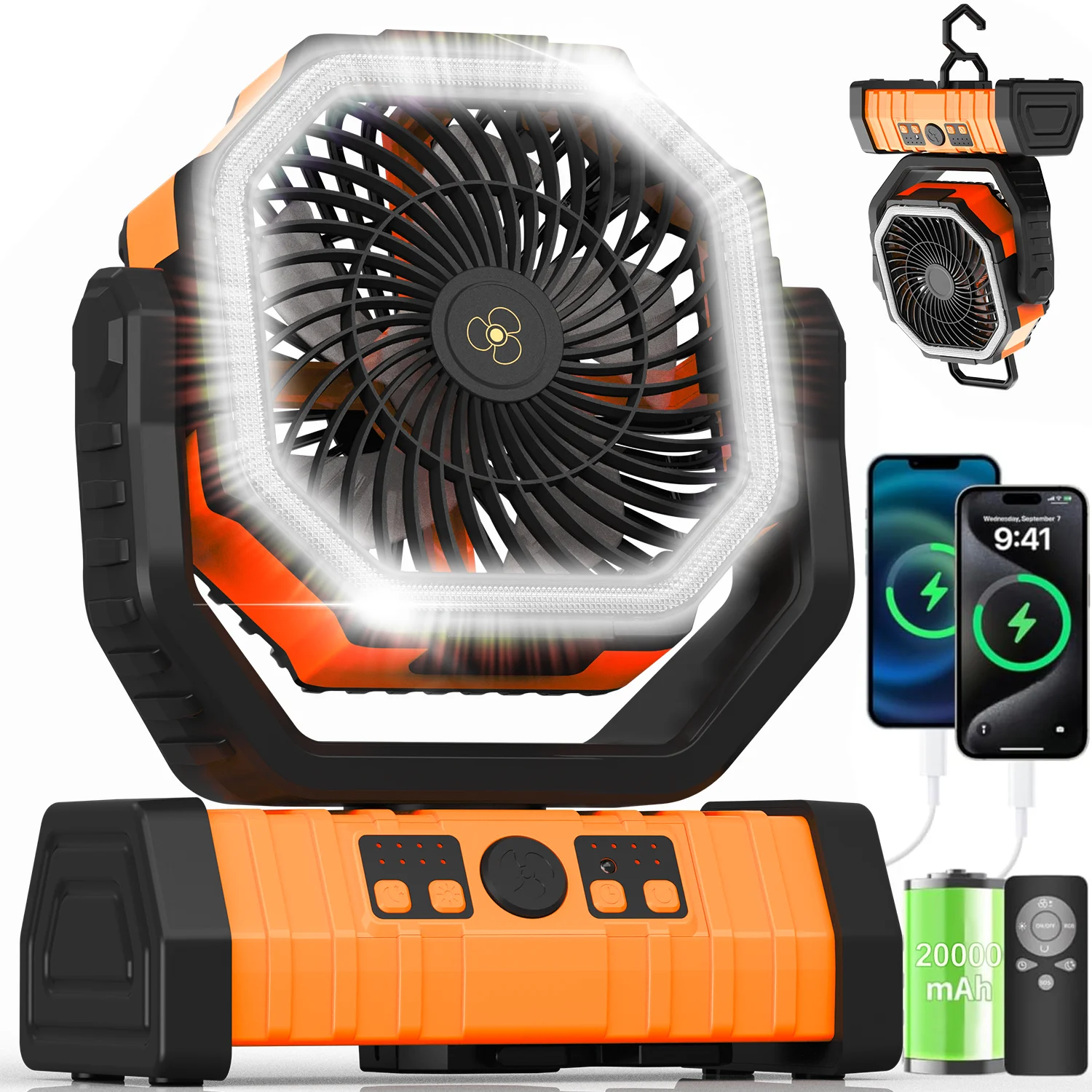 Portable camping fan - 20,000 mAh rechargeable battery, with remote control/lighting function, 4 speed settings and 4 lighting l