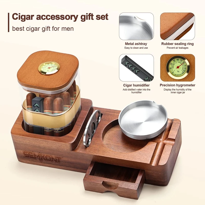 Detachable Wooden Cigar Display, Tobacco Ashtray Set with Sealed Jar Tray for Home and Office Accessory