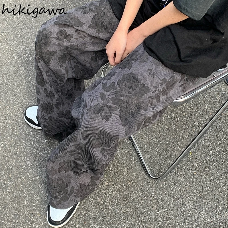 Harajuku Wide Leg Pants for Women Streetwear BF Floral Vintage Trousers Y2k Clothes High Waist Straight Hip-hop Korean Pantalon