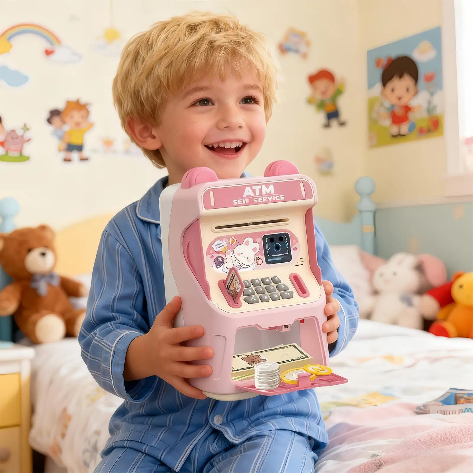 Banque d'épargne ATM, jouets éducatifs avec musique, fente pour carte simulée, banque ATM automatique à rouler l'argent pour garçons et filles, maison préscolaire